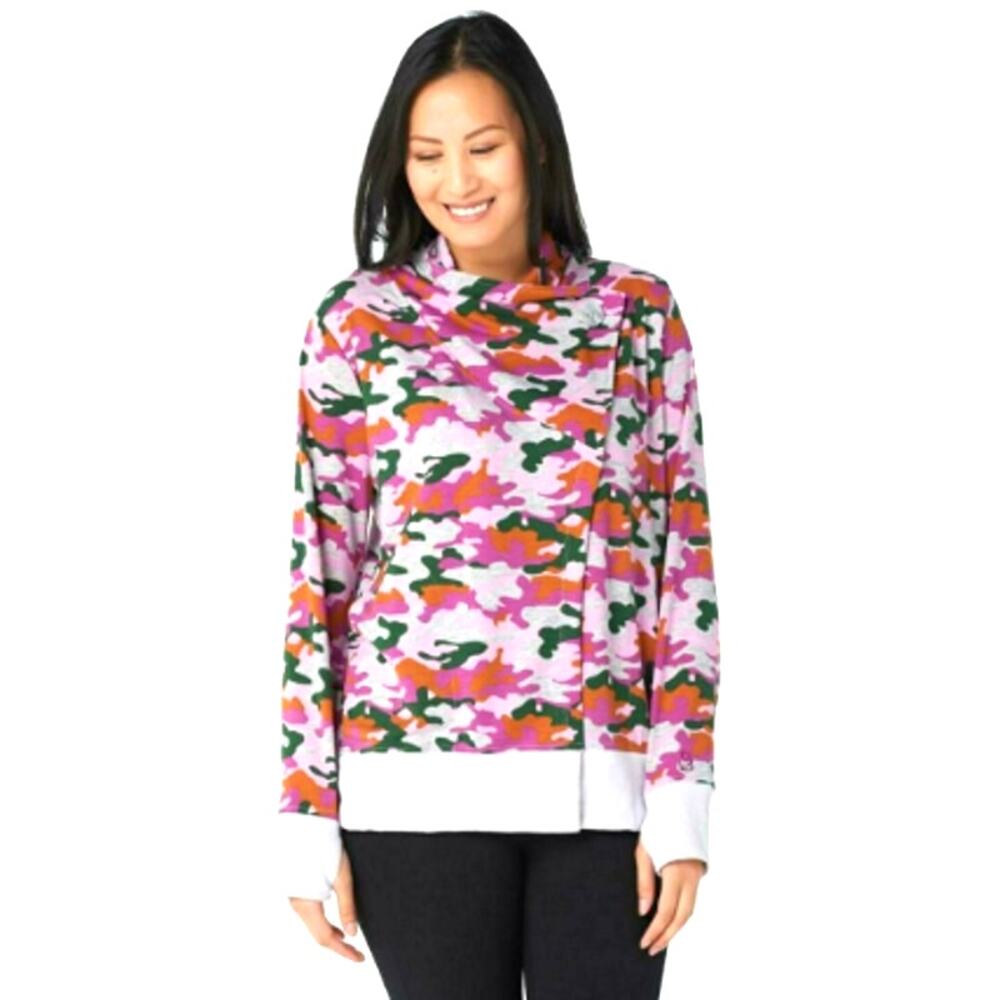 Cuddl Duds Large Cardigan Sweatshirt Purple Pink Gray Camo Thumb Holes Top QVC - Picture 2 of 14